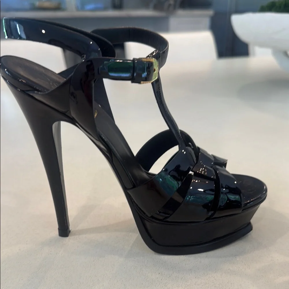 Saint Laurent Black Patent Leather Platform T-Strap Tribute Sandals - Picture 2 of 9